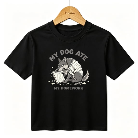 Boys Graphic T-Shirt Funny Wolf Homework School Kids Tees 100% Cotton Short Sleeve Tops Ages 4-13Y