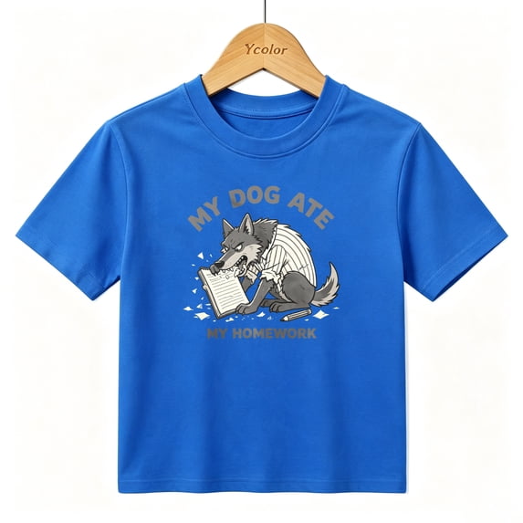 Boys Graphic T-Shirt Funny Wolf Homework School Kids Tees 100% Cotton Short Sleeve Tops Ages 4-13Y