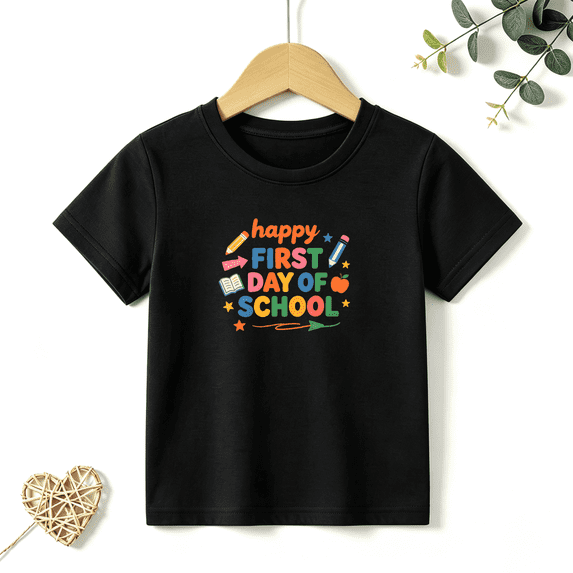 Boys Graphic T Shirt Happy First Day Of School Apple Pencil Short Sleeve Kids Tees Student Gift 100% Cotton Soft Child Tops 4-13Y