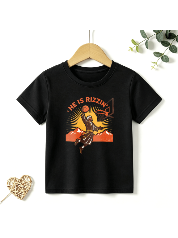 Boys Graphic T Shirt He Is Rizzn Dunk Short Sleeve Kids Tees Funny Sports 100% Cotton Soft Child Tops 4-13Y