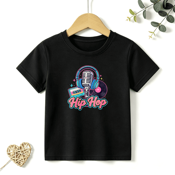 Boys Graphic T Shirt Hip Hop Microphone Tape Short Sleeve Kids Tees Music Lovers 100% Cotton Soft Tops 4-13Y