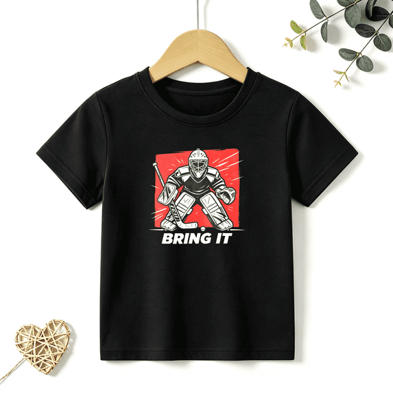 Boys Graphic T Shirt Hockey Goalie Bring It Short Sleeve Kids Tees Cool Sports 100% Cotton Soft Tops 4-13Y