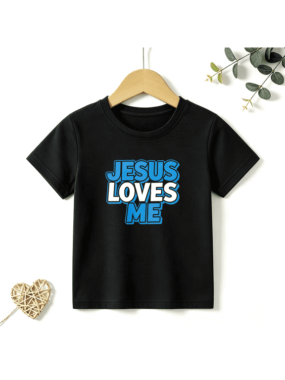 Boys Graphic T Shirt Jesus Loves Me Quote Short Sleeve Tee Faith Religious Theme 100% Cotton Soft Kids Tops 4-13Y