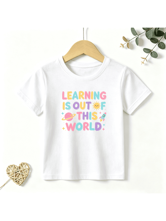 Boys Graphic T Shirt Learning Space Science Short Sleeve Kids Tees Back to School 100% Cotton Soft Tops 4-13Y