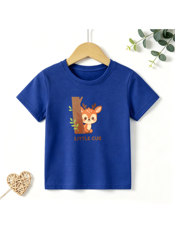 Boys Graphic T Shirt Little Cub Deer Animal Forest Theme Short Sleeve Kids Tee 100% Cotton Soft Child Tops 4-13Y