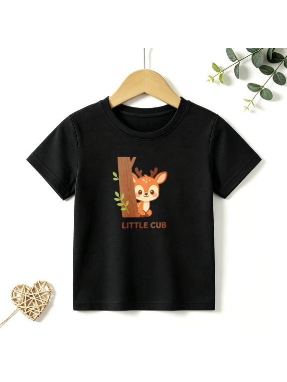 Boys Graphic T Shirt Little Cub Deer Animal Forest Theme Short Sleeve Kids Tee 100% Cotton Soft Child Tops 4-13Y
