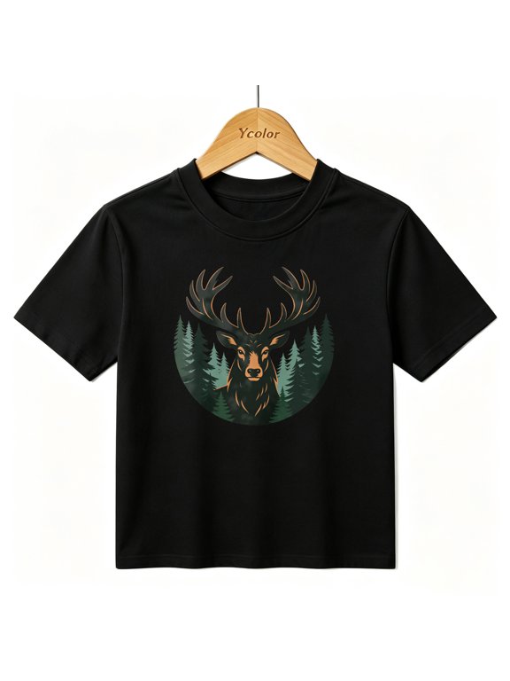 Boys Graphic T-Shirt Majestic Deer Antlers Forest Nature Kids Tees 100% Cotton Tops Ages 4-13Y