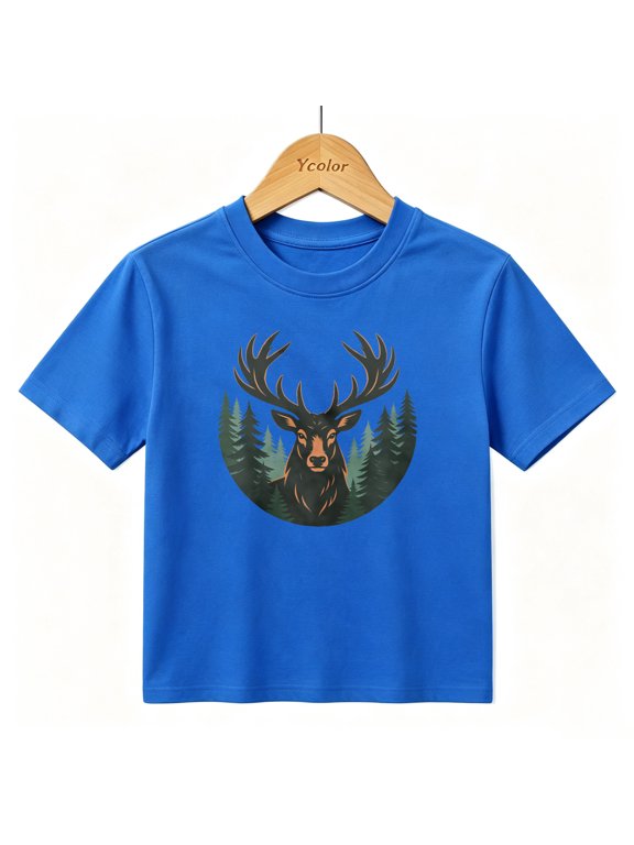 Boys Graphic T-Shirt Majestic Deer Antlers Forest Nature Kids Tees 100% Cotton Tops Ages 4-13Y