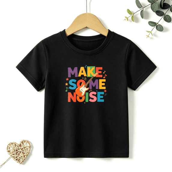 Boys Graphic T Shirt Make Some Noise Music Guitar Short Sleeve Tee Creative Hobby Style 100% Cotton Soft Kids Tops 4-13Y