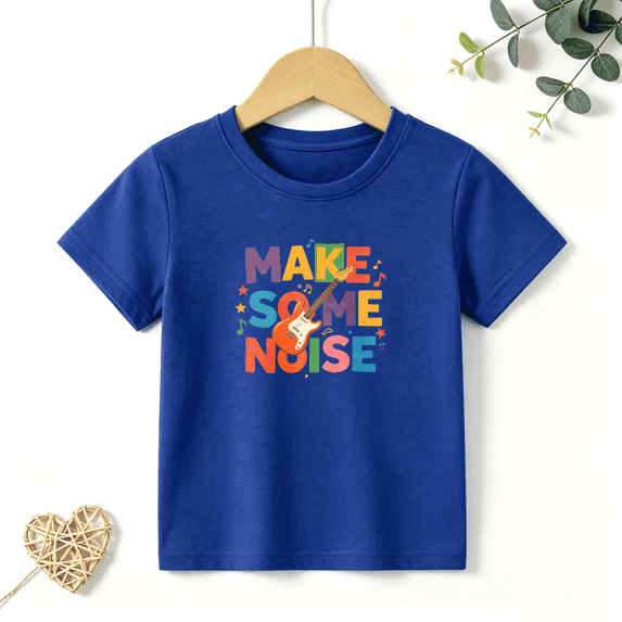 Boys Graphic T Shirt Make Some Noise Music Guitar Short Sleeve Tee Creative Hobby Style 100% Cotton Soft Kids Tops 4-13Y