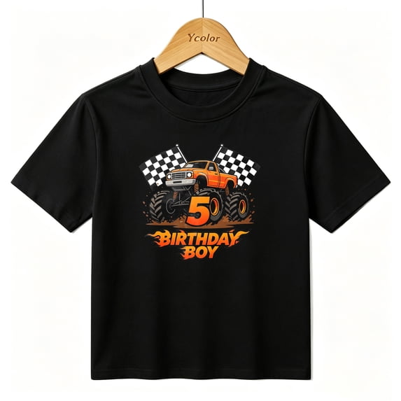 Boys Graphic T-Shirt Monster Truck 5th Birthday Boy Kids Tees 100% Cotton Short Sleeve Tops Ages 4-13Y