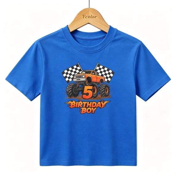 Boys Graphic T-Shirt Monster Truck 5th Birthday Boy Kids Tees 100% Cotton Short Sleeve Tops Ages 4-13Y