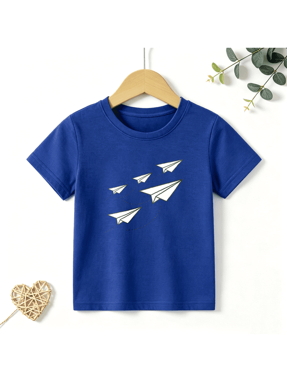 Boys Graphic T Shirt Paper Airplane Flight Short Sleeve Tee Travel Adventure Style 100% Cotton Soft Kids Tops 4-13Y