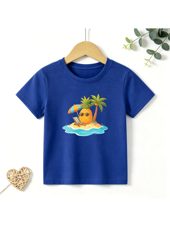 Boys Graphic T Shirt Pineapple Island Beach Short Sleeve Kids Tees Tropical Vacation Style 100% Cotton Soft Child Tops 4-13Y