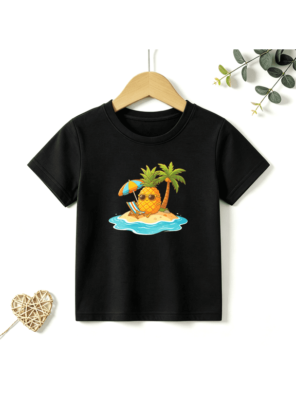 Boys Graphic T Shirt Pineapple Island Beach Short Sleeve Kids Tees Tropical Vacation Style 100% Cotton Soft Child Tops 4-13Y