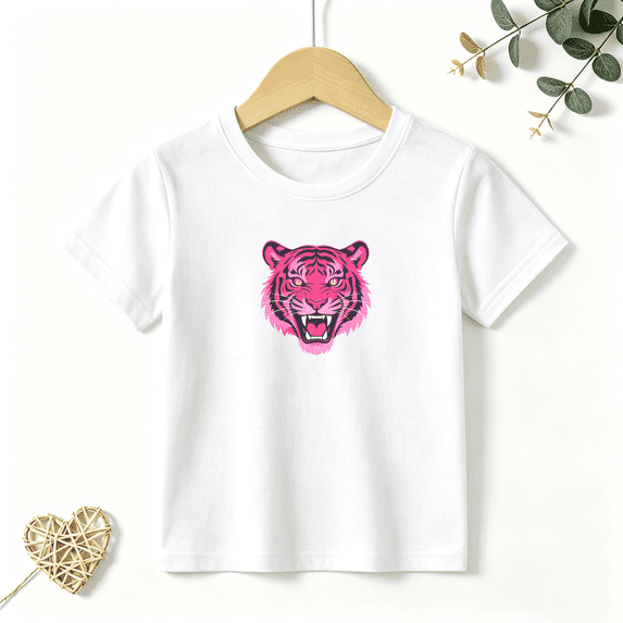 Boys Graphic T Shirt Pink Tiger Face Wild Animal Design Short Sleeve Kids Tees Cool Style 100% Cotton Soft Child Tops 4-13Y