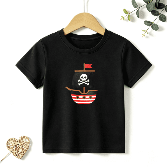 Boys Graphic T Shirt Pirate Ship Skull Short Sleeve Kids Tee Adventure Style 100% Cotton Soft Child Tops 4-13Y