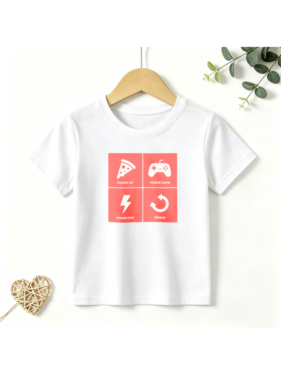 Boys Graphic T Shirt Power Up Gamer Grid Short Sleeve Kids Tees Video Games 100% Cotton Soft Child Tops 4-13Y