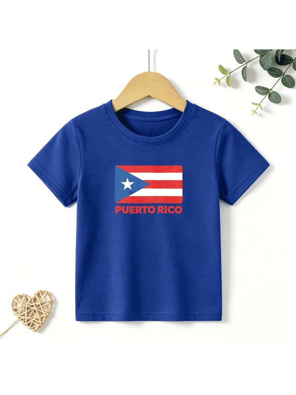 Boys Graphic T Shirt Puerto Rico Flag Design Short Sleeve Kids Tee Cultural Pride Style 100% Cotton Soft Child Tops 4-13Y