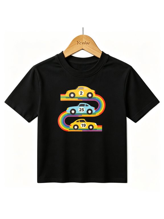 Boys Graphic T-Shirt Race Car Rainbow Track Speed Kids Tees 100% Cotton Tops Ages 4-13Y