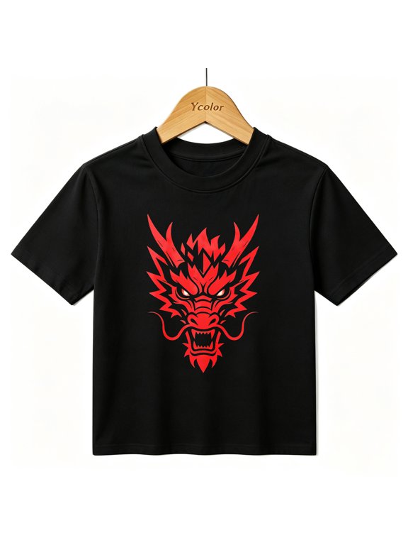 Boys Graphic T-Shirt Red Dragon Face Graphic Cool Art Kids Tees 100% Cotton Short Sleeve Tops Ages 4-13Y