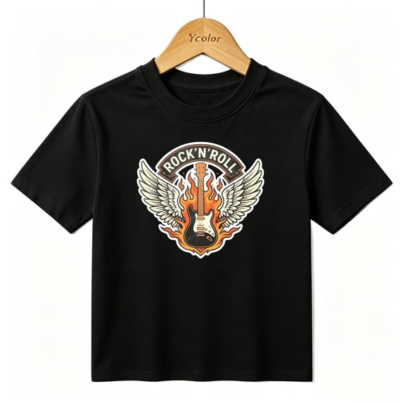 Boys Graphic T-Shirt Rock N Roll Electric Guitar Winged Flame Kids Tees 100% Cotton Tops Ages 4-13Y
