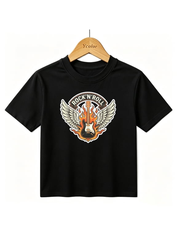 Boys Graphic T-Shirt Rock N Roll Electric Guitar Winged Flame Kids Tees 100% Cotton Tops Ages 4-13Y