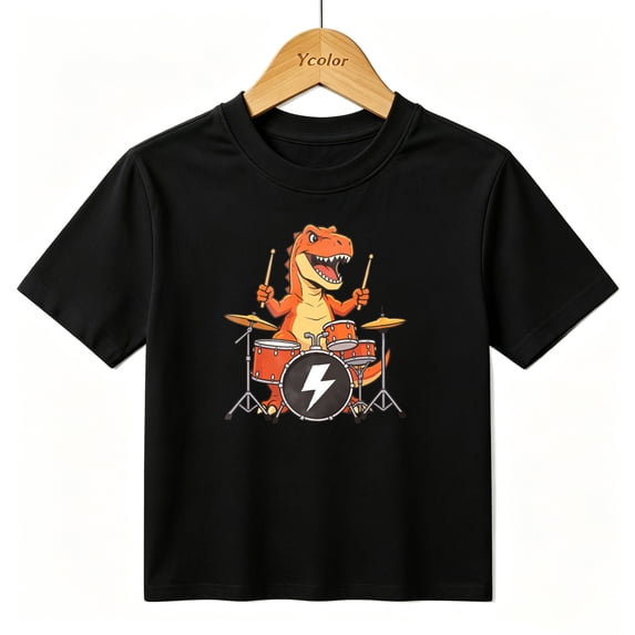 Boys Graphic T-Shirt Rocker Dino Drummer Music Party Kids Tees 100% Cotton Short Sleeve Tops Ages 4-13Y