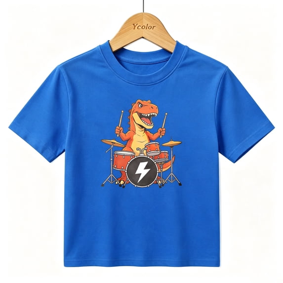 Boys Graphic T-Shirt Rocker Dino Drummer Music Party Kids Tees 100% Cotton Short Sleeve Tops Ages 4-13Y