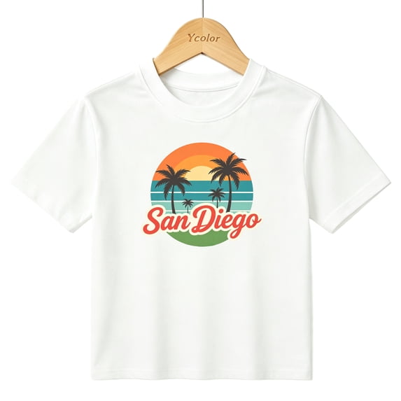Boys Graphic T-Shirt San Diego Beach Sunset Retro Summer Kids Tees 100% Cotton Short Sleeve Tops Ages 4-13Y