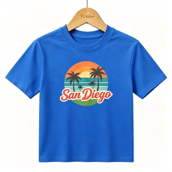 Boys Graphic T-Shirt San Diego Beach Sunset Retro Summer Kids Tees 100% Cotton Short Sleeve Tops Ages 4-13Y