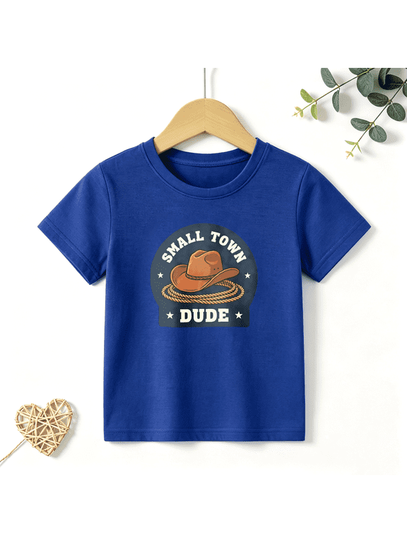 Boys Graphic T Shirt Small Town Dude Short Sleeve Kids Tees Cowboy Hat 100% Cotton Soft Child Tops 4-13Y