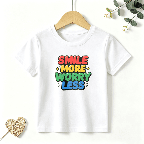 Boys Graphic T Shirt Smile More Worry Less Quote Short Sleeve Tee Positive Message Style 100% Cotton Soft Kids Tops 4-13Y