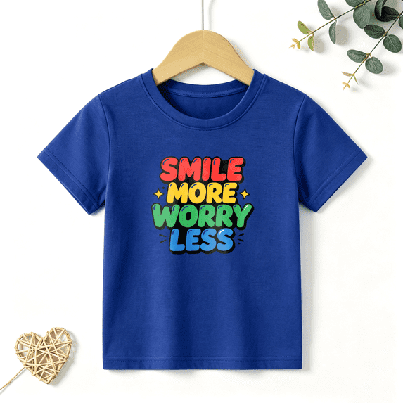 Boys Graphic T Shirt Smile More Worry Less Quote Short Sleeve Tee Positive Message Style 100% Cotton Soft Kids Tops 4-13Y