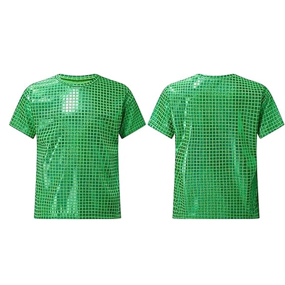 Boys Graphic T Shirt Square Plaid Bling Sequin Shiny Short Sleeve Top For Performance Outfit Green 10-11 Years