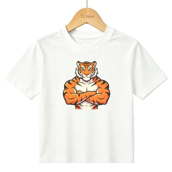 Boys Graphic T-Shirt Strong Tiger Mascot Sports Gym Bodybuilder Kids Tees 100% Cotton Tops Ages 4-13Y