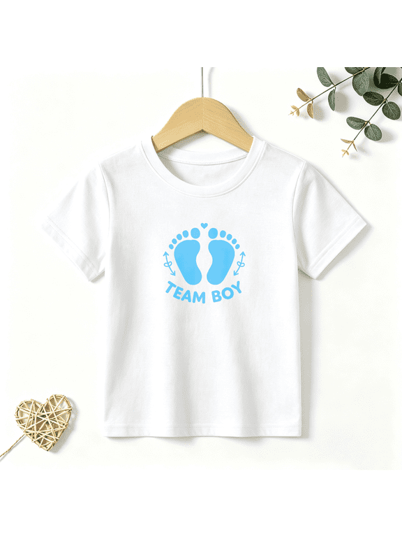 Boys Graphic T Shirt Team Boy Footprint Design Short Sleeve Kids Tee Baby Announcement Style 100% Cotton Soft Child Tops 4-13Y