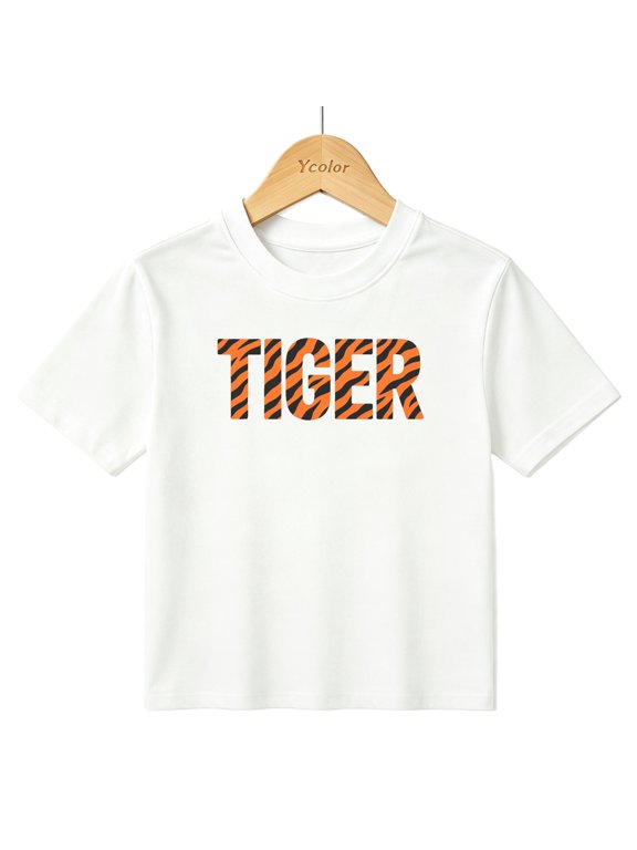 Boys Graphic T-Shirt Tiger Stripe Mascot Wild Animal Kids Tees 100% Cotton Short Sleeve Tops Ages 4-13Y