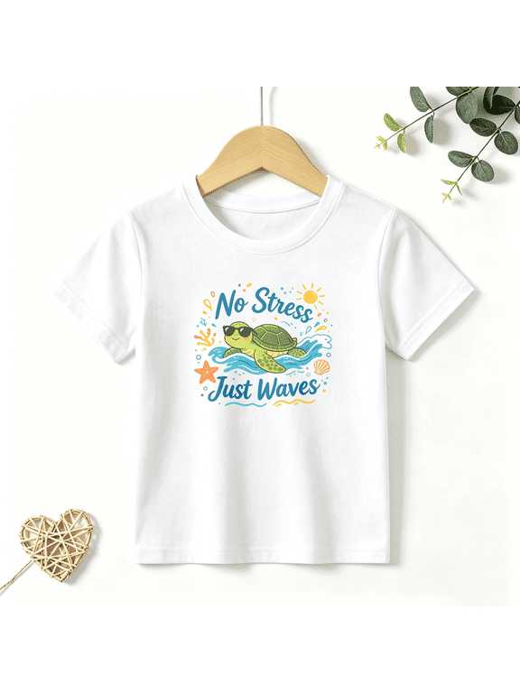 Boys Graphic T Shirt Turtle No Stress Just Waves Short Sleeve Kids Tees Beach Summer Style 100% Cotton Soft Child Tops 4-13Y