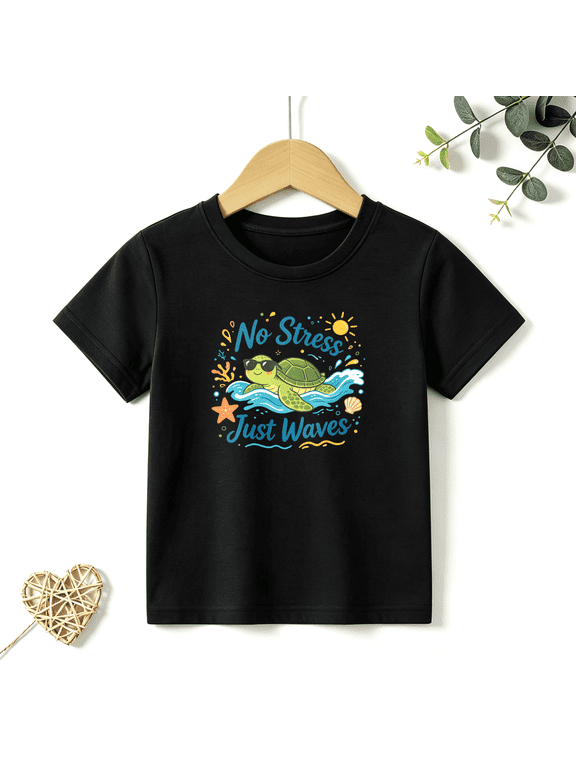 Boys Graphic T Shirt Turtle No Stress Just Waves Short Sleeve Kids Tees Beach Summer Style 100% Cotton Soft Child Tops 4-13Y