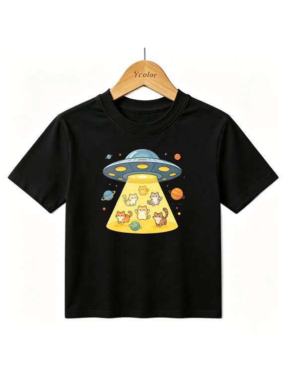 Boys Graphic T-Shirt UFO Abducting Cats Funny Space Alien Pet Kids Tees 100% Cotton Tops Ages 4-13Y