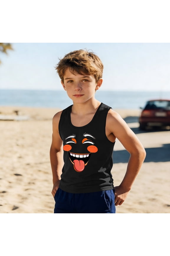 Boys Graphic Tank Top Cartoon Face Muscle Tee Kids Sleeveless Shirt Moisture Wicking Black,Size 10 T