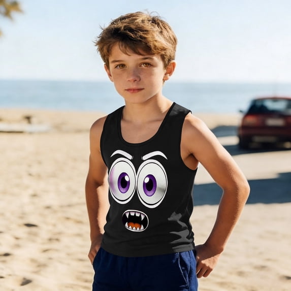 Boys Graphic Tank Top Funny Monster Face Print Kids Sleeveless Muscle Tee Cartoon T-Shirt Black Summer Play Cotton Polyester Spandex,Size 4 T