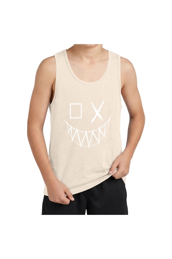 Boys Graphic Tank Top with Grinning Face Print, Breathable Stretch Fabric for Hall-oween & Casual Wear, Age 6-14, Beige,Size 10-11T