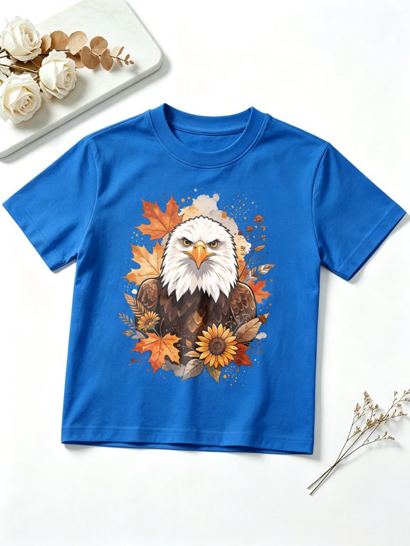 Boys Graphic Tees Autumn Fall Bald Eagle Sunflower Short Sleeve Kids T-Shirt, 100% Cotton Soft Casual Tops for Children