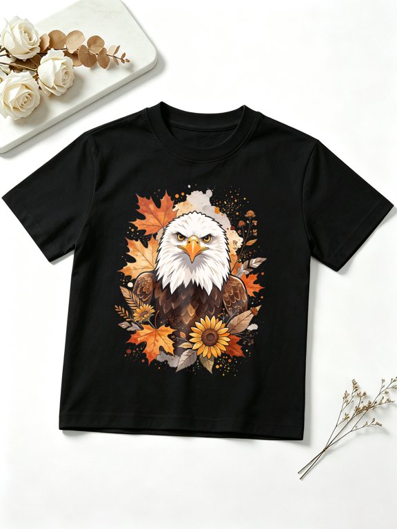 Boys Graphic Tees Autumn Fall Bald Eagle Sunflower Short Sleeve Kids T-Shirt, 100% Cotton Soft Casual Tops for Children