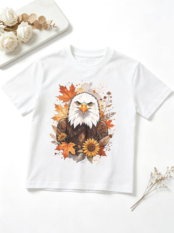 Boys Graphic Tees Autumn Fall Bald Eagle Sunflower Short Sleeve Kids T-Shirt, 100% Cotton Soft Casual Tops for Children