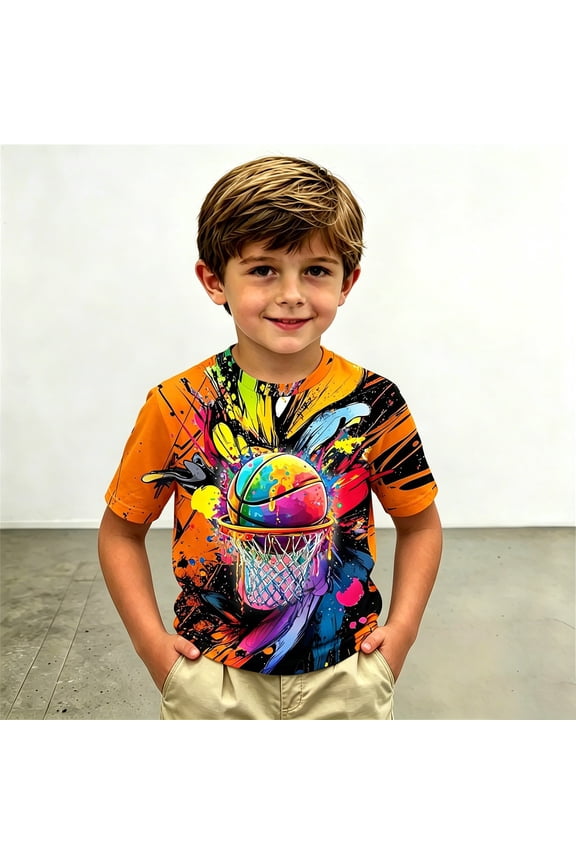 Boys Graphic Tees Cartoon Print Crew Neck Short Sleeve T Shirt for Everyday Outing Boys' Tops Tees Shirts Orange 2 Years-3 Years