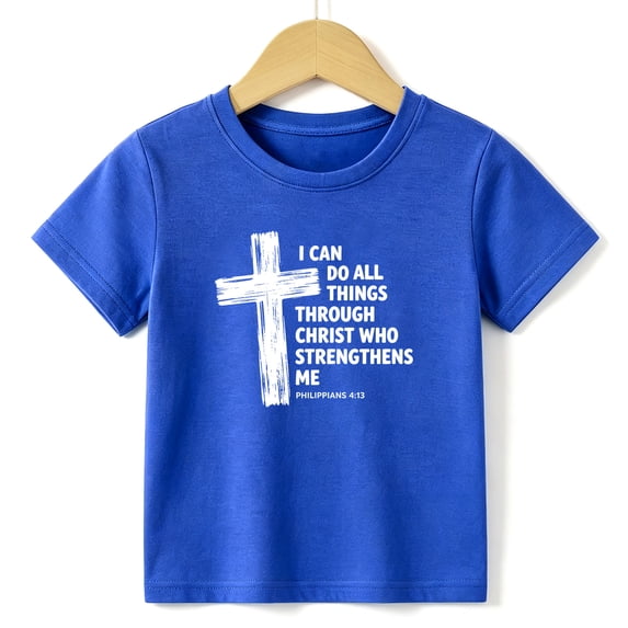 Boys Graphic Tees Christian Cross Kids T Shirt Faith Bible Verse 100% Cotton Short Sleeve Soft Tops 4-13Y Blue