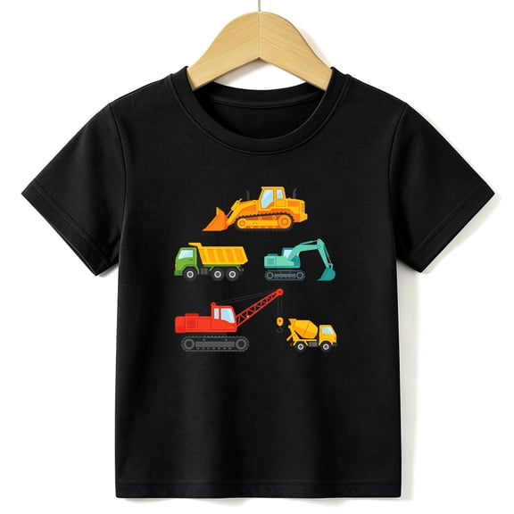 Boys Graphic Tees Construction Vehicles Kids T Shirt Trucks Digger 100% Cotton Short Sleeve Soft Tops 4-13Y Black